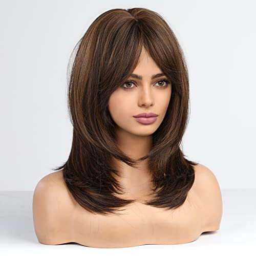 Medium length layered heat resistant wig with bangs - Image 3
