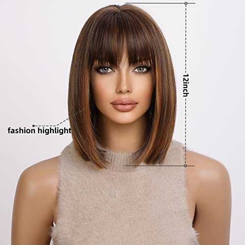 Mixed Brown Bob Wig with Highlights and Bangs - Image 3