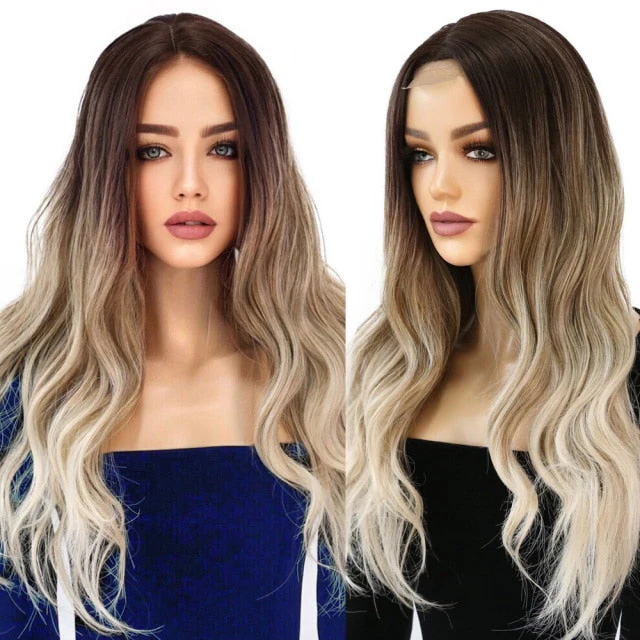 Premium Ombre Black Brown Blonde Synthetic Lace Wig - Image 2