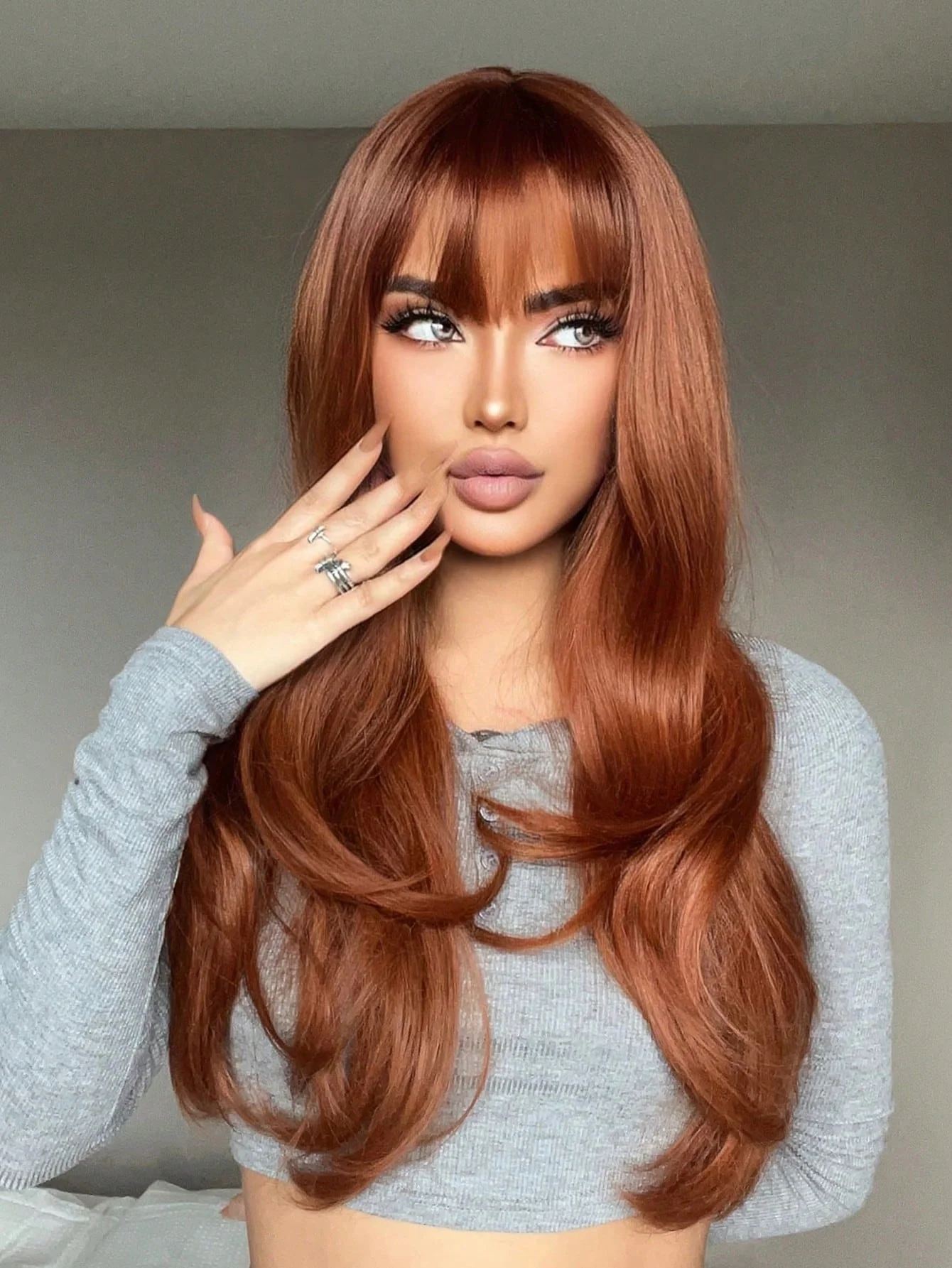 Red Long Curly Wig With Bangs - Image 5