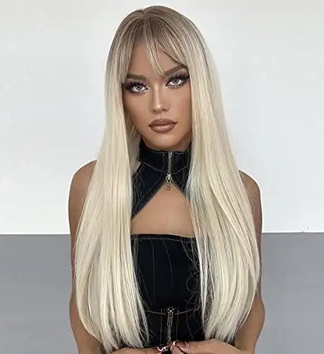 Shaded Platinum Blonde Wig with Bangs - Image 2