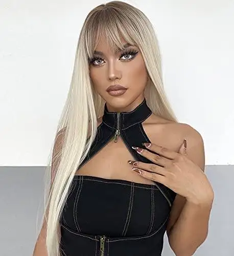 Shaded Platinum Blonde Wig with Bangs - Image 3