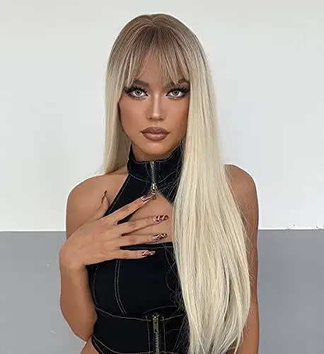 Shaded Platinum Blonde Wig with Bangs - Image 4