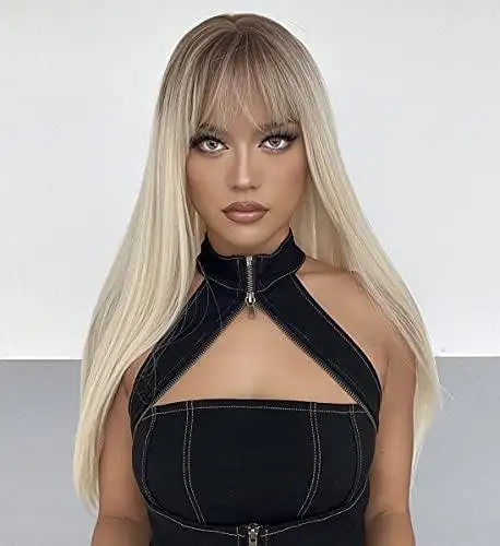 Shaded Platinum Blonde Wig with Bangs - Image 5