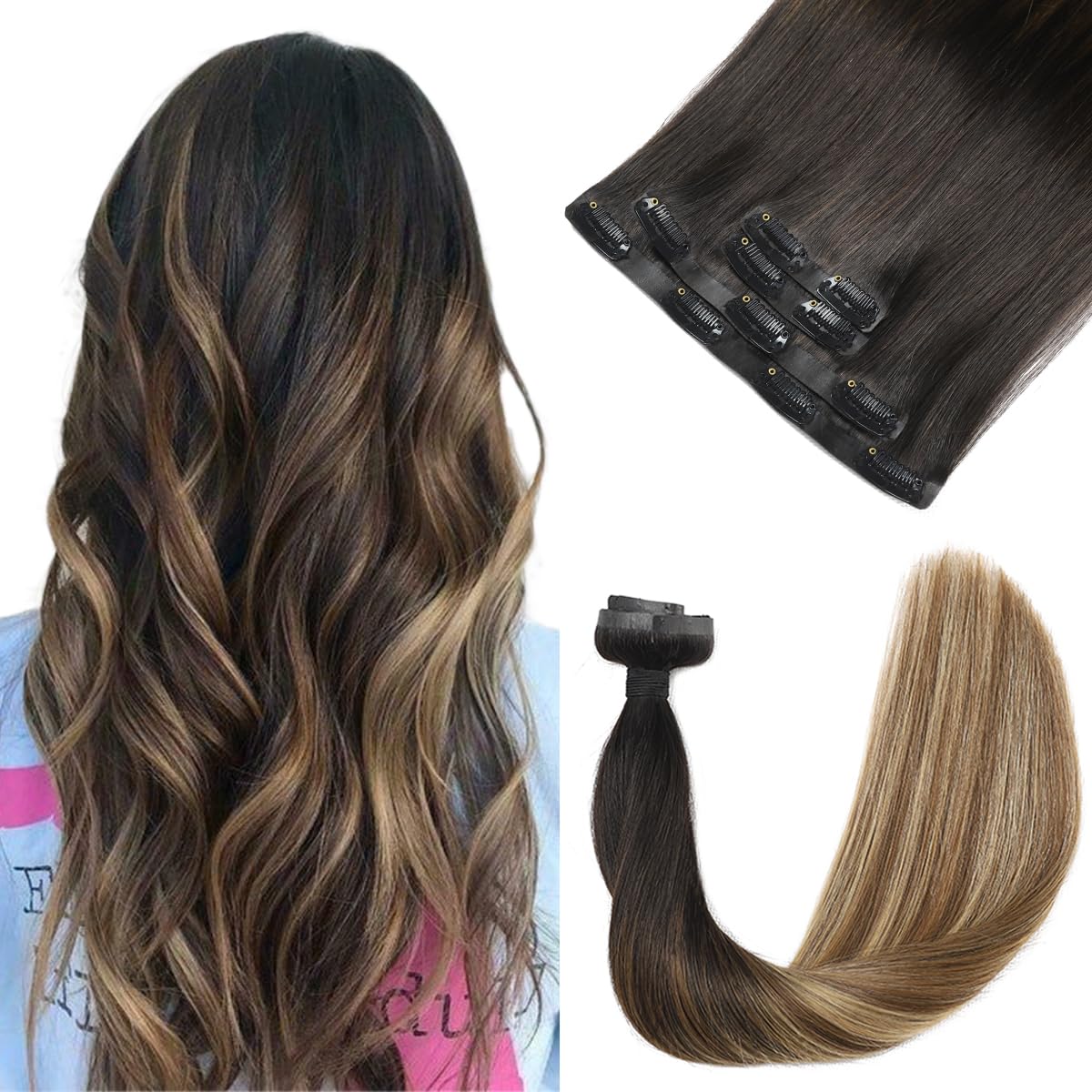 Silky Straight Human Hair Clip in Hair Extensions - Image 32