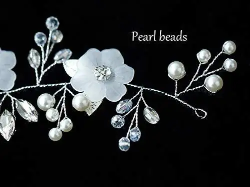 Silver Crystal and Faux Pearl Flower Bride Wedding Headband - Image 6
