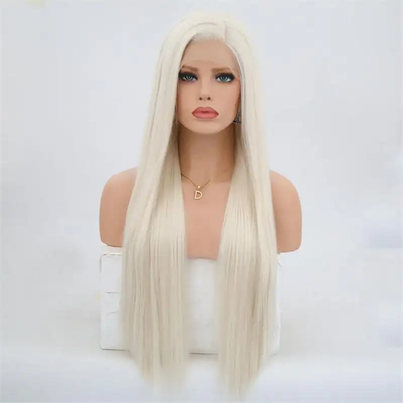 Summer Long Silky Straight White Blonde Synthetic Lace Front Wig - Image 2