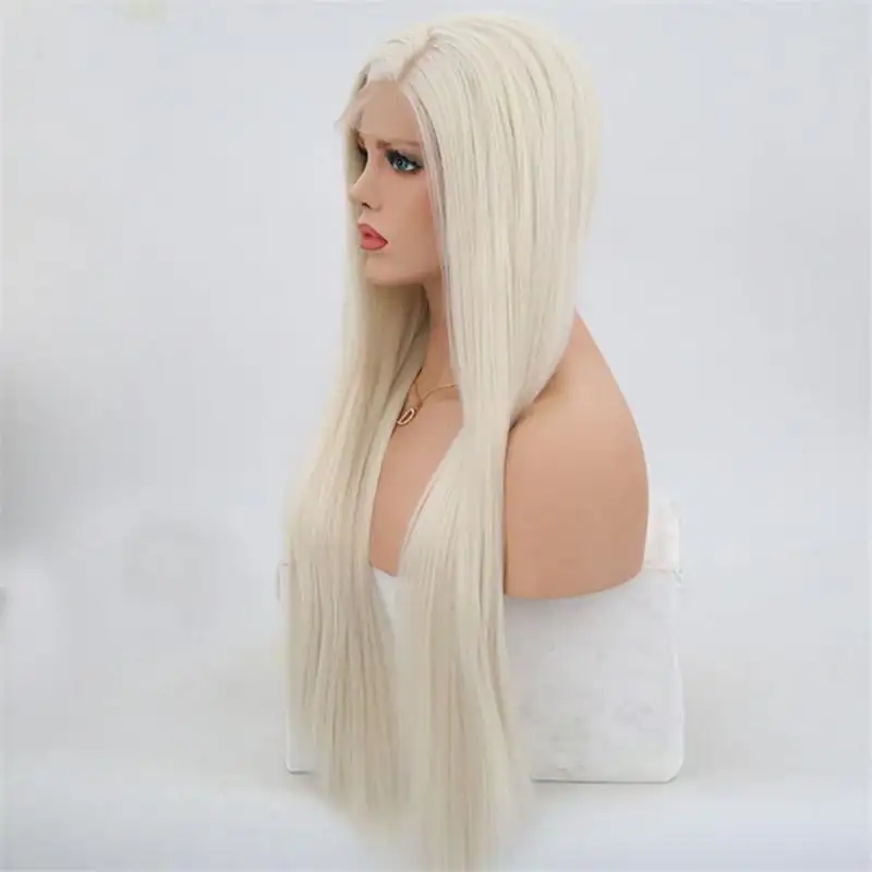 Summer Long Silky Straight White Blonde Synthetic Lace Front Wig - Image 3