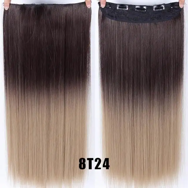 Two-Tone 24 Inch Long Straight Heat Friendly Clip in Hair Extension - Image 24