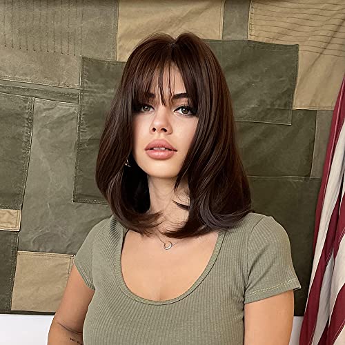Under Curl Styled Dark Brown Bob Wig with Bangs - Image 2