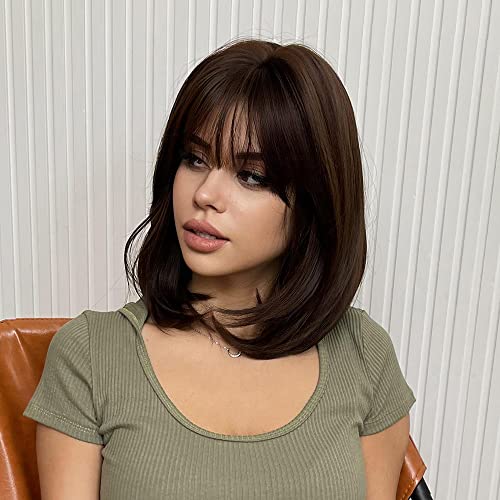 Under Curl Styled Dark Brown Bob Wig with Bangs - Image 3