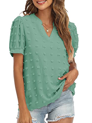 V Neck Puff Short Sleeve Ladies Top - Image 22
