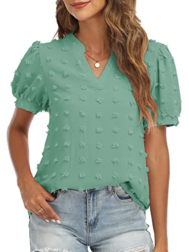 V Neck Puff Short Sleeve Ladies Top - Image 25