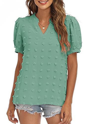 V Neck Puff Short Sleeve Ladies Top - Image 26