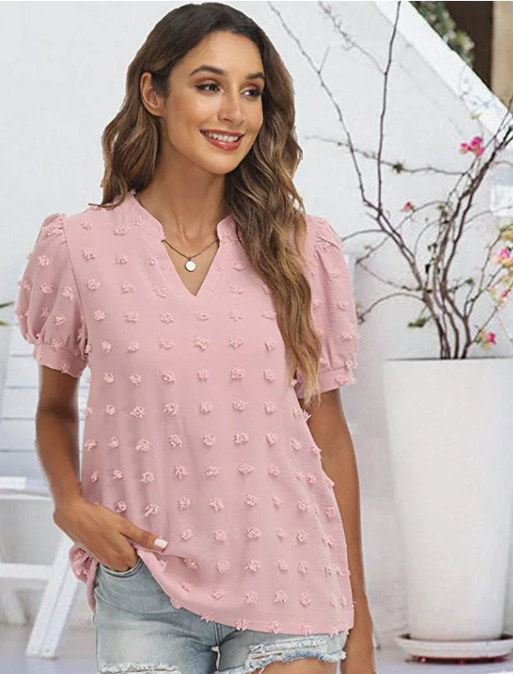 V Neck Puff Short Sleeve Ladies Top - Image 28
