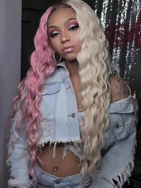 Wavy Half Pink Half Blonde Synthetic Lace Front Wig - Image 2