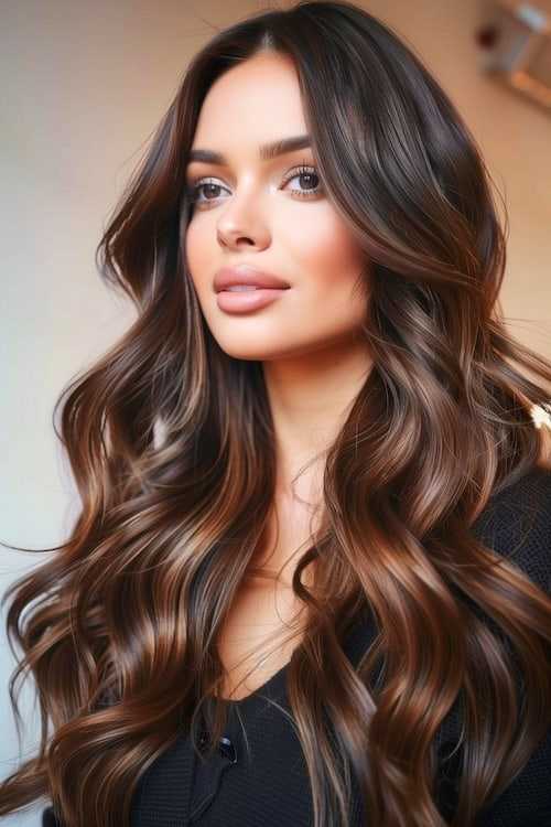 Meena  Human Hair Wig - Long Chocolate Brown with Highlights - Image 2