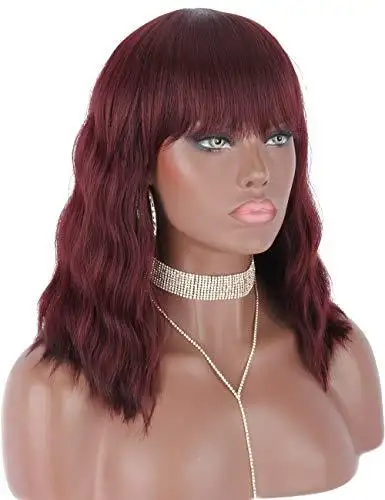 Wavy Mid Length Heat Resistant Wavy Wig with Bangs - Image 10