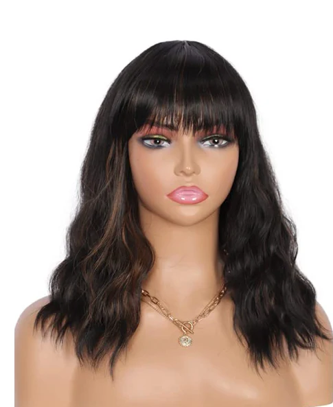 Wavy Mid Length Heat Resistant Wavy Wig with Bangs - Image 11