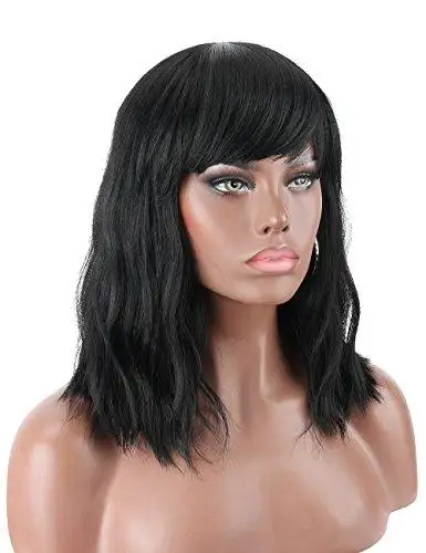 Wavy Mid Length Heat Resistant Wavy Wig with Bangs - Image 2