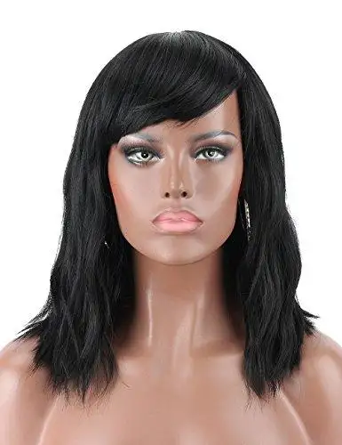 Wavy Mid Length Heat Resistant Wavy Wig with Bangs - Image 3