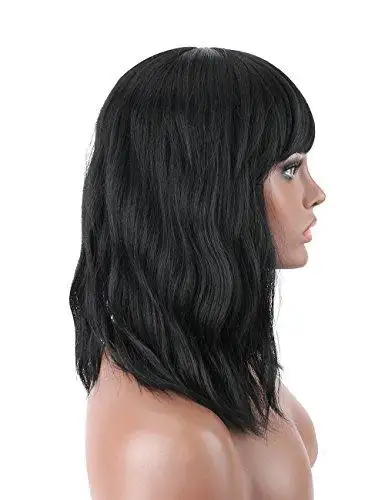 Wavy Mid Length Heat Resistant Wavy Wig with Bangs - Image 5