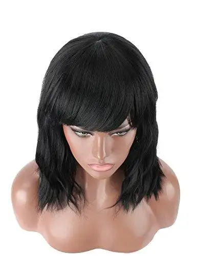 Wavy Mid Length Heat Resistant Wavy Wig with Bangs - Image 7