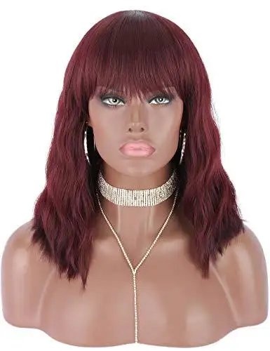 Wavy Mid Length Heat Resistant Wavy Wig with Bangs - Image 9