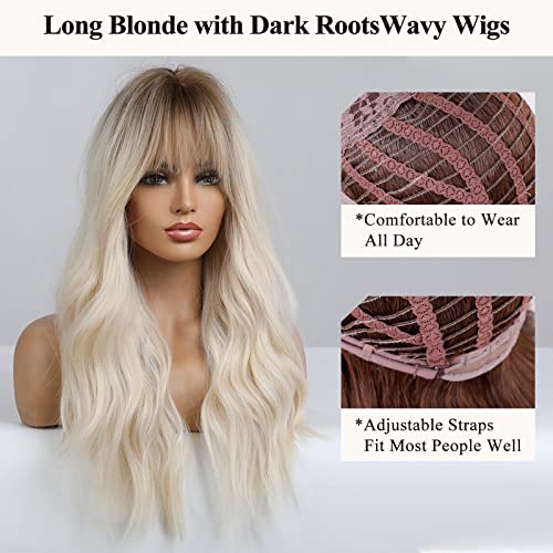 Wavy Ombre Blonde Wig with Dark Roots - Image 3