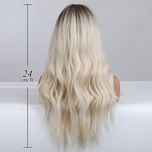 Wavy Ombre Blonde Wig with Dark Roots - Image 5